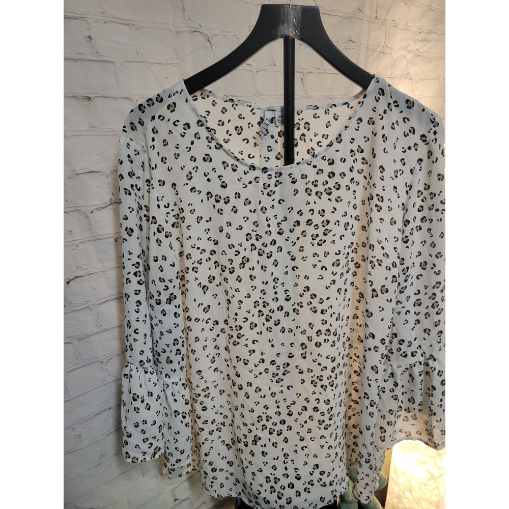 Elle‎ Women XXL Leopard Print Bell Sleeve Blouse White Animal Spot Crew Neck Top